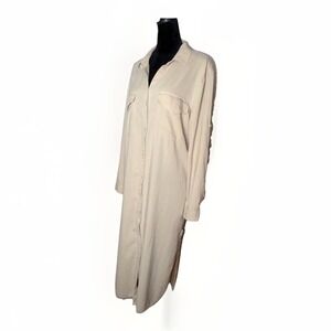Cloth & Stone Womans Beige Maxi Shirt Dress Size L Roll Tab Sleeves Frayed Hem